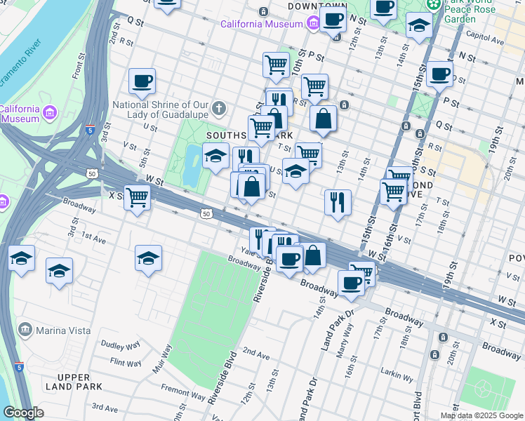 map of restaurants, bars, coffee shops, grocery stores, and more near 1022 V Street in Sacramento