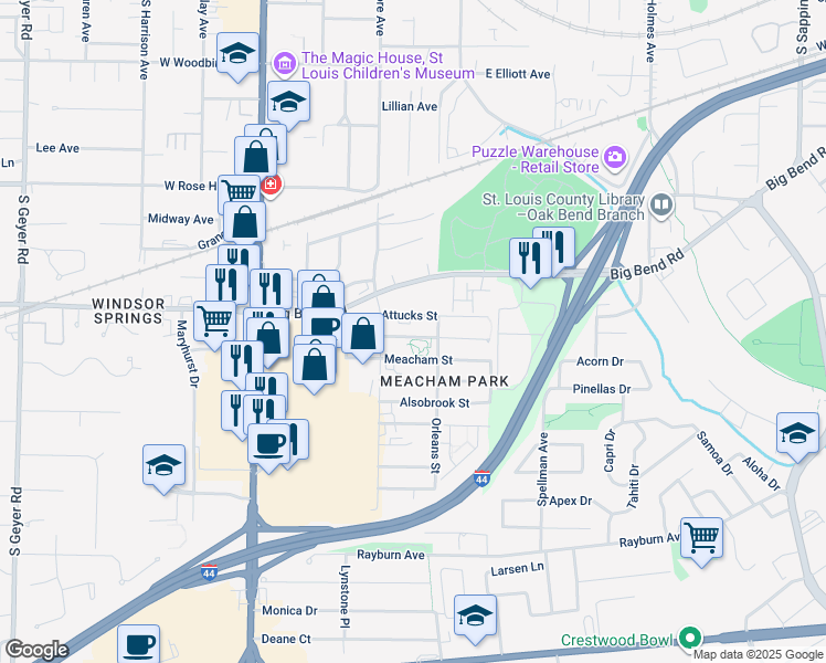 map of restaurants, bars, coffee shops, grocery stores, and more near 336 Attucks Street in Kirkwood