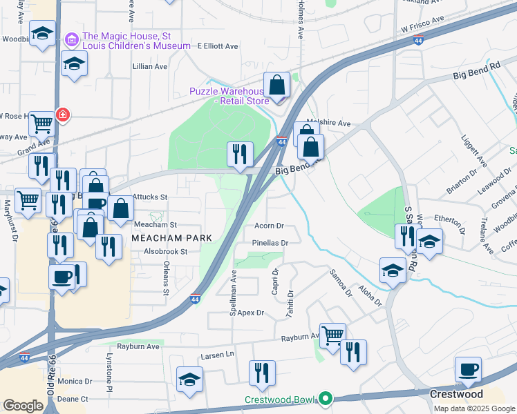 map of restaurants, bars, coffee shops, grocery stores, and more near 1035 Ponderosa Drive in St. Louis