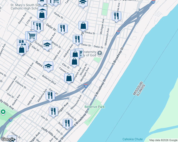 map of restaurants, bars, coffee shops, grocery stores, and more near 411 Eichelberger Street in St. Louis