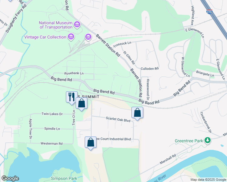 map of restaurants, bars, coffee shops, grocery stores, and more near 962 Chapelwood Court in St. Louis