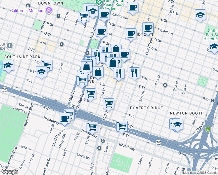 map of restaurants, bars, coffee shops, grocery stores, and more near 1810 1/2 T Street in Sacramento