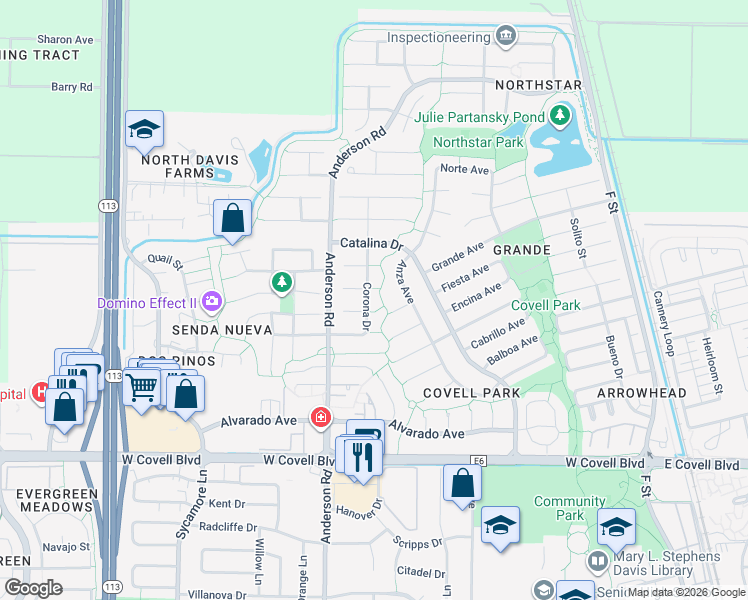 map of restaurants, bars, coffee shops, grocery stores, and more near 2716 Corona Drive in Davis