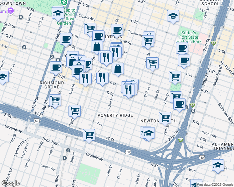 map of restaurants, bars, coffee shops, grocery stores, and more near 1800 23rd Street in Sacramento