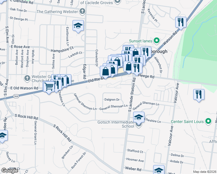 map of restaurants, bars, coffee shops, grocery stores, and more near 7478 Hardscrapple Drive in St. Louis