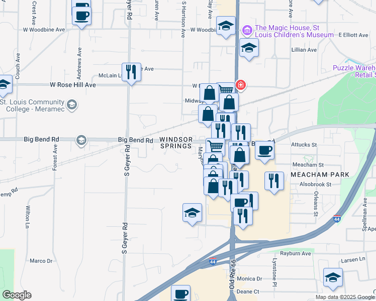 map of restaurants, bars, coffee shops, grocery stores, and more near 10902 Big Bend Road in Kirkwood