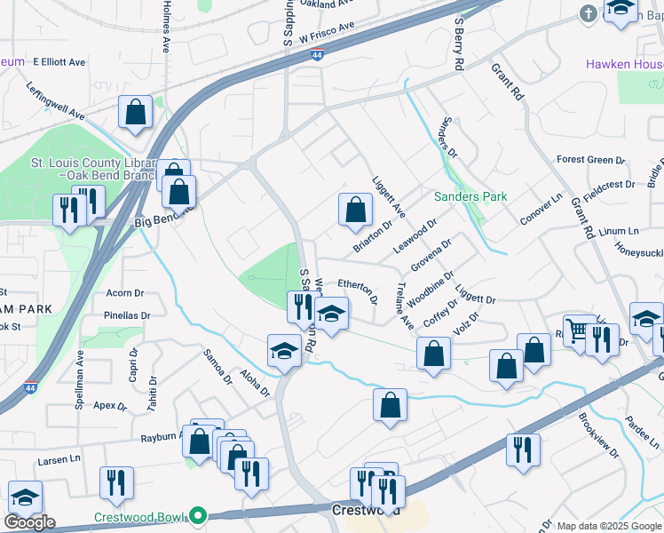 map of restaurants, bars, coffee shops, grocery stores, and more near 900 Trelane Avenue in St. Louis
