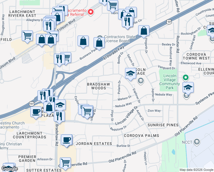 map of restaurants, bars, coffee shops, grocery stores, and more near in Sacramento