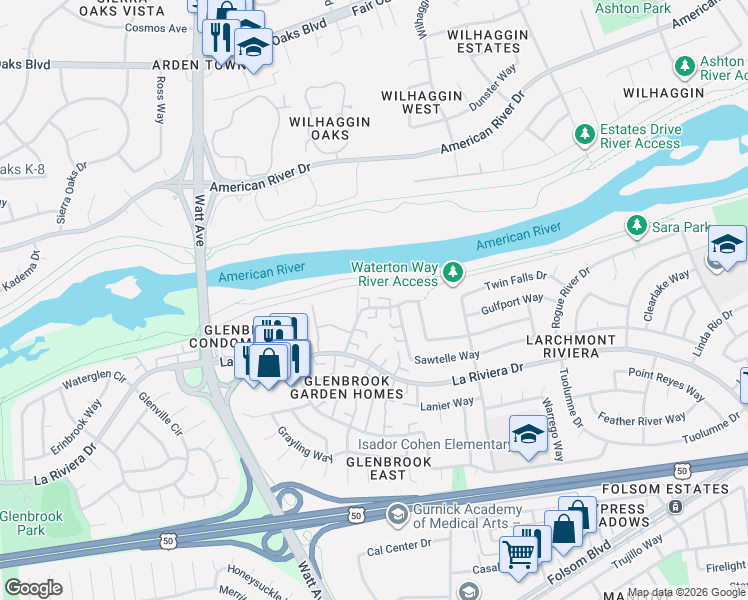 map of restaurants, bars, coffee shops, grocery stores, and more near 8749 Woodman Way in Sacramento