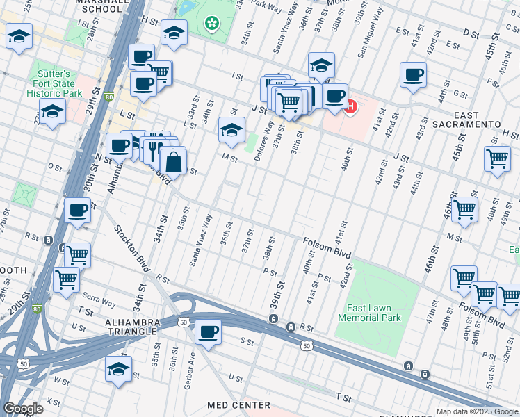 map of restaurants, bars, coffee shops, grocery stores, and more near 1348 38th Street in Sacramento