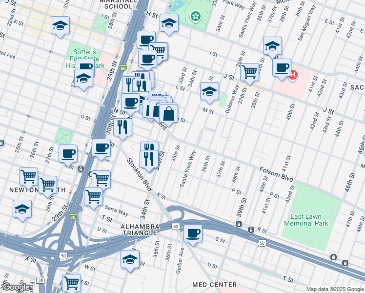 map of restaurants, bars, coffee shops, grocery stores, and more near 3429 Folsom Boulevard in Sacramento