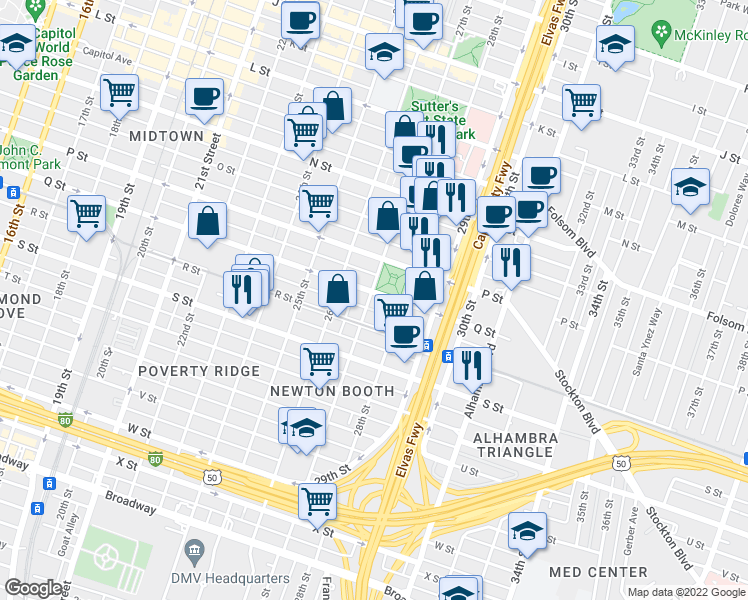 map of restaurants, bars, coffee shops, grocery stores, and more near 2616 Q Street in Sacramento