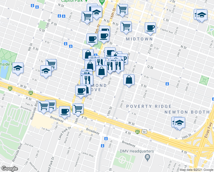 map of restaurants, bars, coffee shops, grocery stores, and more near 1714 T Street in Sacramento
