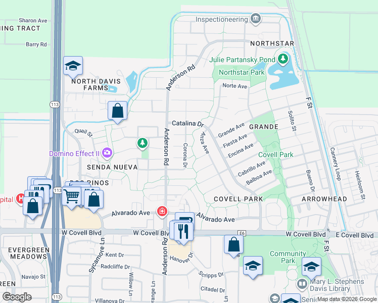 map of restaurants, bars, coffee shops, grocery stores, and more near 2716 Corona Drive in Davis