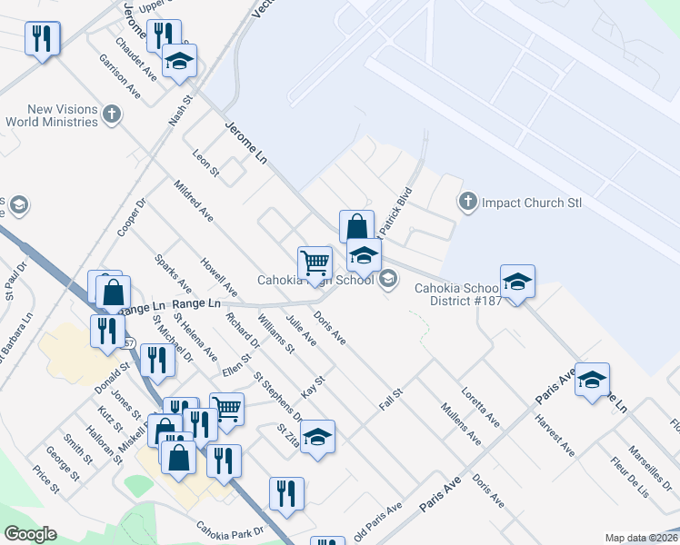 map of restaurants, bars, coffee shops, grocery stores, and more near 913 Joliet Drive in Cahokia