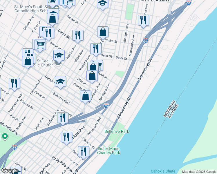 map of restaurants, bars, coffee shops, grocery stores, and more near 411 Eichelberger Street in St. Louis