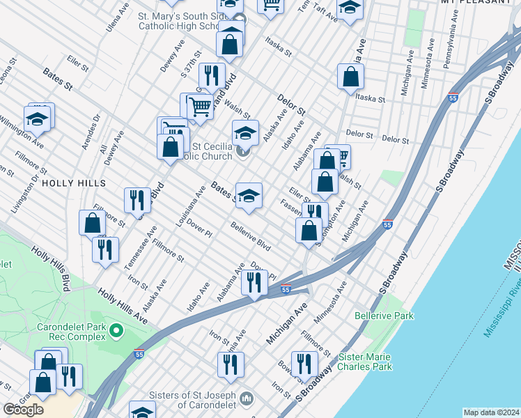 map of restaurants, bars, coffee shops, grocery stores, and more near 5457 Alabama Avenue in St. Louis