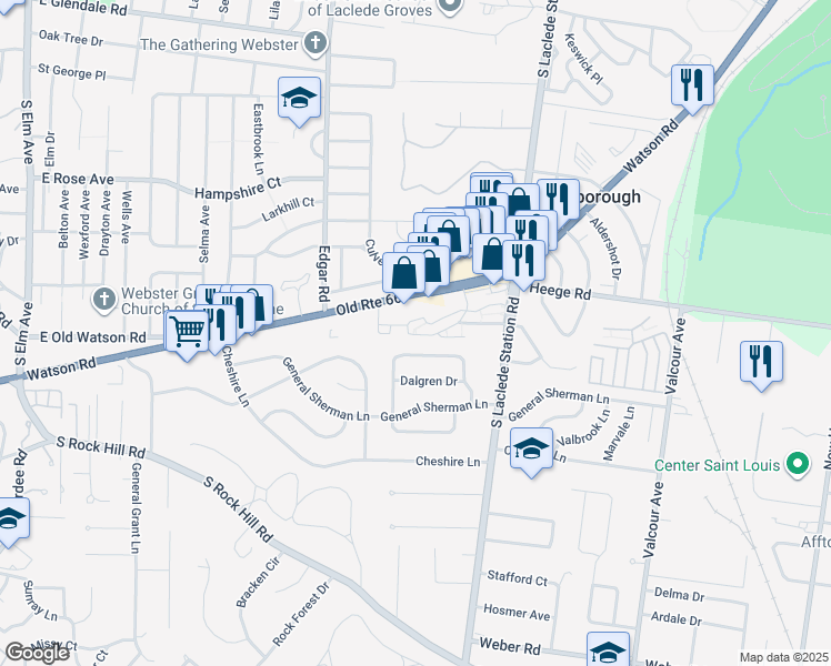 map of restaurants, bars, coffee shops, grocery stores, and more near 7478 Hardscrapple Drive in St. Louis