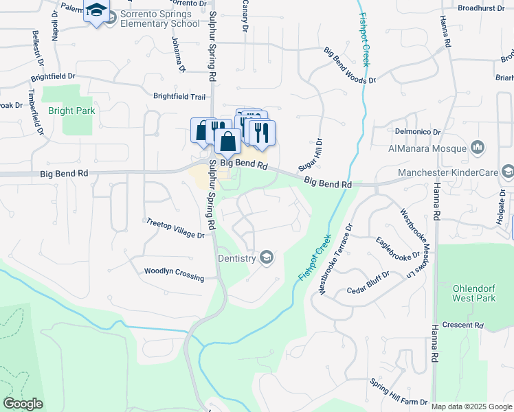 map of restaurants, bars, coffee shops, grocery stores, and more near 1201 Lofty Point Drive in Ballwin