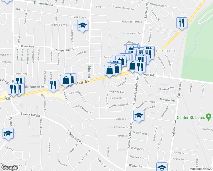 map of restaurants, bars, coffee shops, grocery stores, and more near 8176 Grant Colonial Drive in Saint Louis