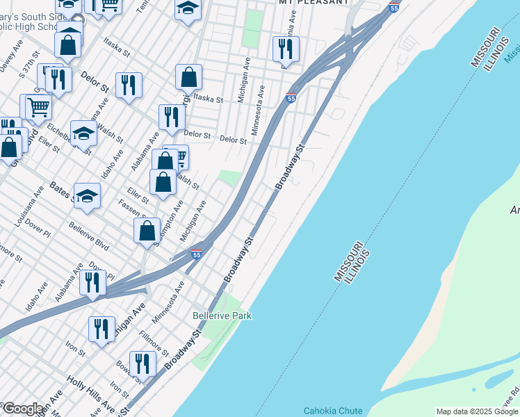 map of restaurants, bars, coffee shops, grocery stores, and more near 5101 South Broadway in St. Louis
