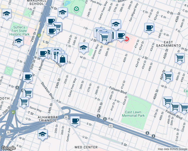 map of restaurants, bars, coffee shops, grocery stores, and more near 1348 38th Street in Sacramento