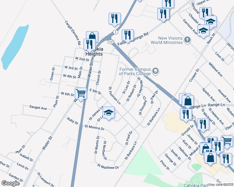 map of restaurants, bars, coffee shops, grocery stores, and more near 131 Saint Leo Drive in Cahokia