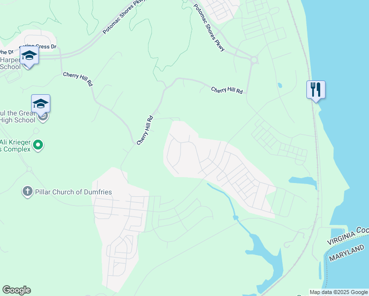 map of restaurants, bars, coffee shops, grocery stores, and more near 2077 Blue Mockingbird Lane in Dumfries