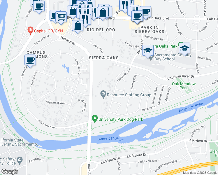 map of restaurants, bars, coffee shops, grocery stores, and more near 2060 University Park Drive in Sacramento