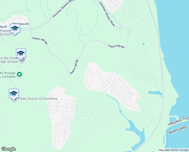 map of restaurants, bars, coffee shops, grocery stores, and more near 2077 Blue Mockingbird Lane in Dumfries