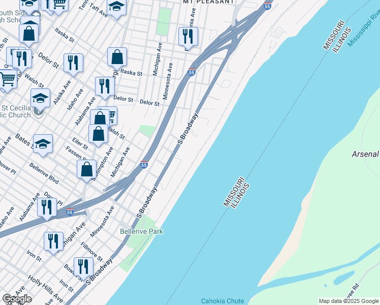 map of restaurants, bars, coffee shops, grocery stores, and more near 5000 South Broadway in St. Louis