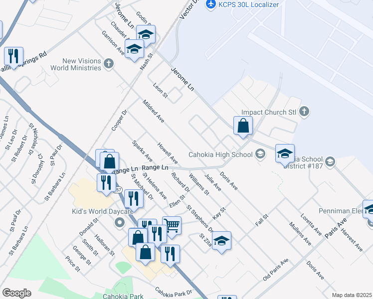map of restaurants, bars, coffee shops, grocery stores, and more near 846 Mildred Avenue in Cahokia
