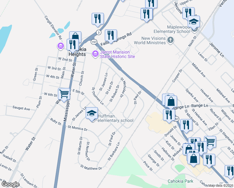 map of restaurants, bars, coffee shops, grocery stores, and more near 116 Saint Robert Drive in Cahokia