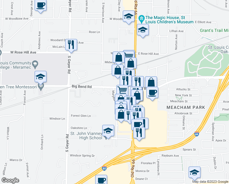 map of restaurants, bars, coffee shops, grocery stores, and more near 1001 Maryhurst Drive in Kirkwood