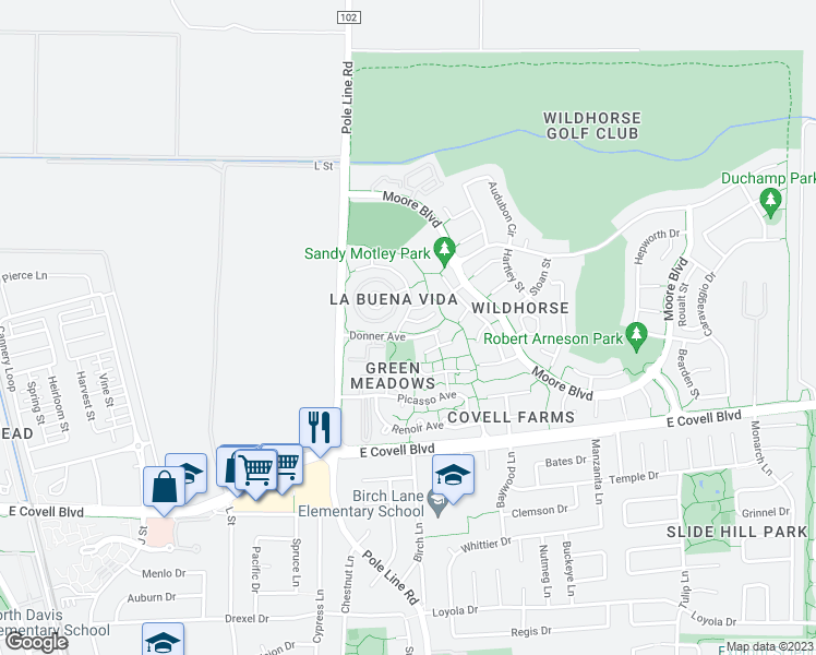 map of restaurants, bars, coffee shops, grocery stores, and more near 1901 Donner Avenue in Davis