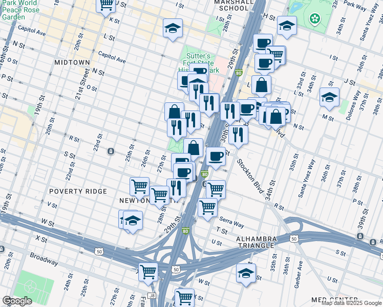 map of restaurants, bars, coffee shops, grocery stores, and more near 2820 P Street in Sacramento