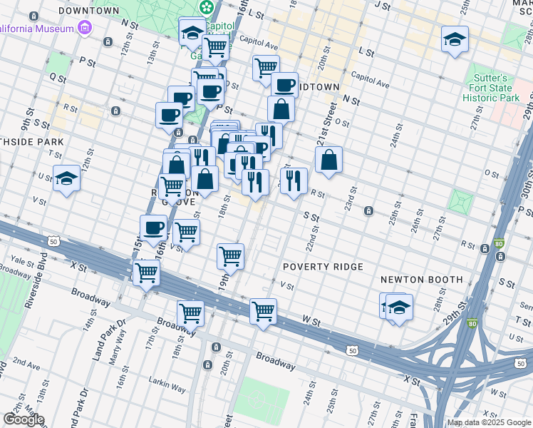 map of restaurants, bars, coffee shops, grocery stores, and more near 1900 S Street in Sacramento