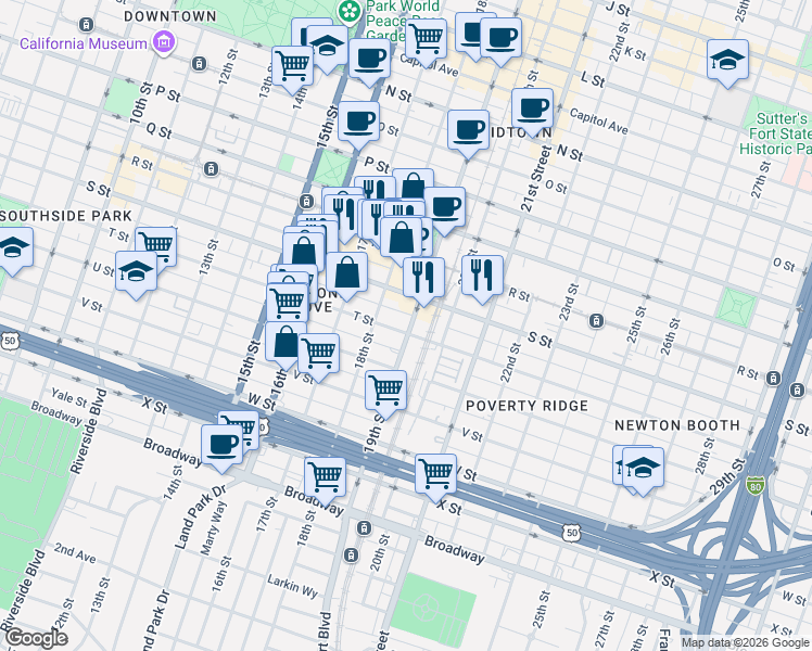 map of restaurants, bars, coffee shops, grocery stores, and more near 1817 T Street in Sacramento