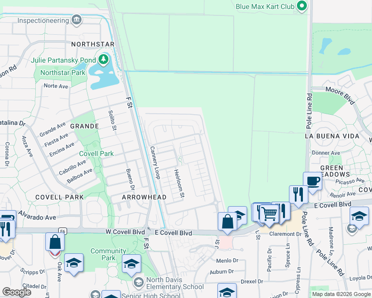 map of restaurants, bars, coffee shops, grocery stores, and more near 1007 Forbes Lane in Davis