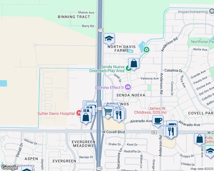 map of restaurants, bars, coffee shops, grocery stores, and more near 2689 Sycamore Lane in Davis