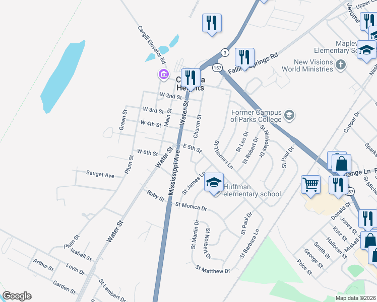 map of restaurants, bars, coffee shops, grocery stores, and more near 100 E 5th St in Cahokia