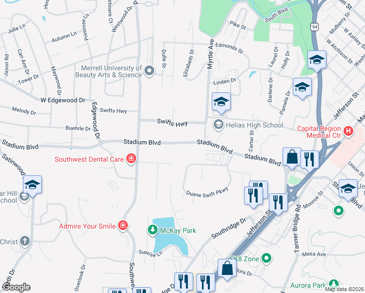map of restaurants, bars, coffee shops, grocery stores, and more near 1501 Stadium Boulevard in Jefferson City