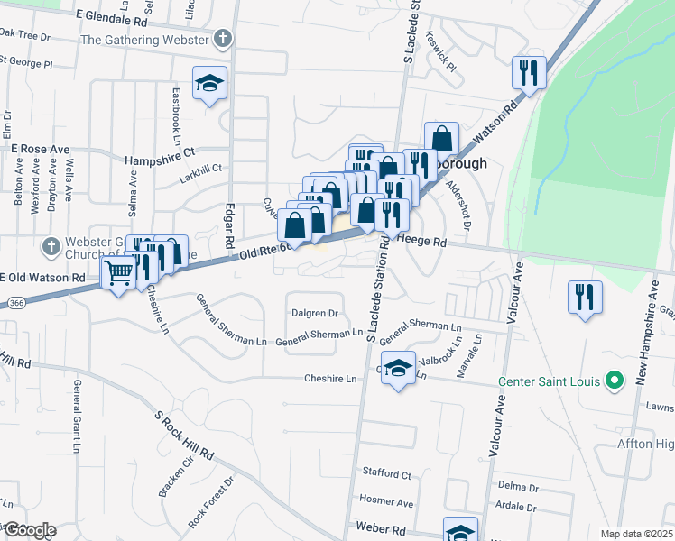 map of restaurants, bars, coffee shops, grocery stores, and more near 7414 Grant Village Drive in St. Louis