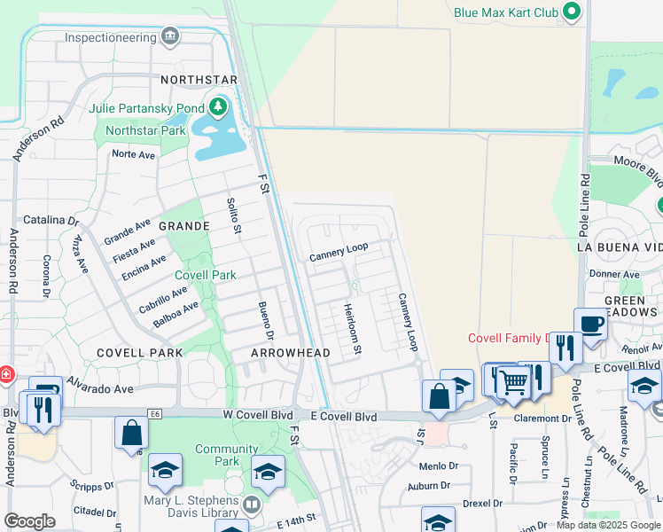 map of restaurants, bars, coffee shops, grocery stores, and more near 941 Woodbury Lane in Davis
