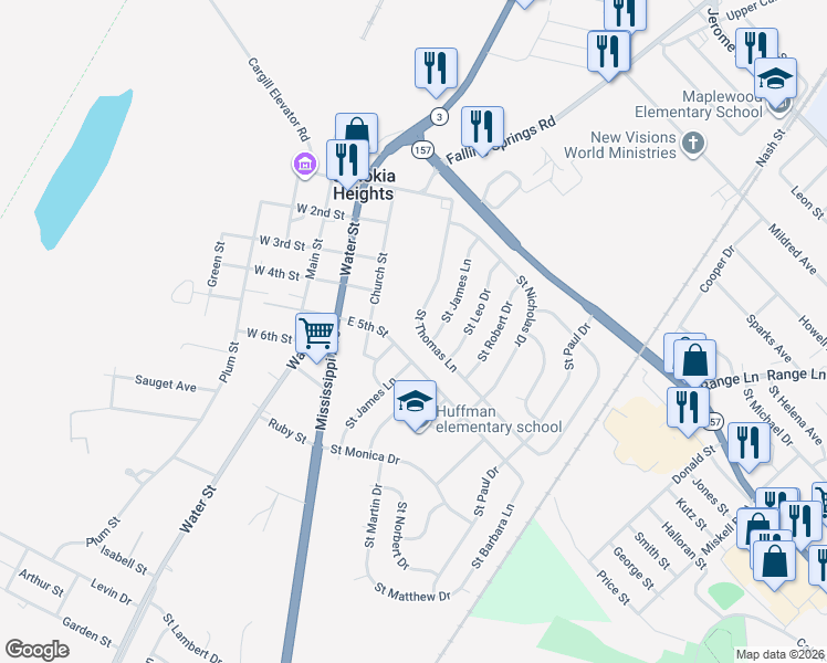 map of restaurants, bars, coffee shops, grocery stores, and more near 148 Saint Thomas Lane in Cahokia