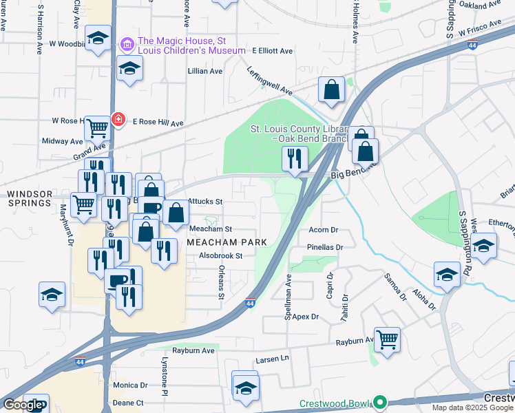 map of restaurants, bars, coffee shops, grocery stores, and more near 442 Attucks Street in St. Louis