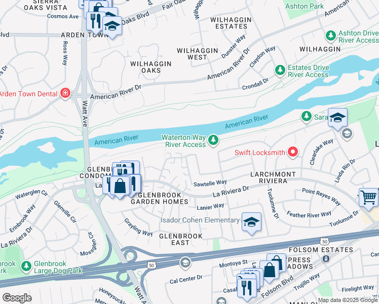 map of restaurants, bars, coffee shops, grocery stores, and more near 8805 Woodman Way in Sacramento