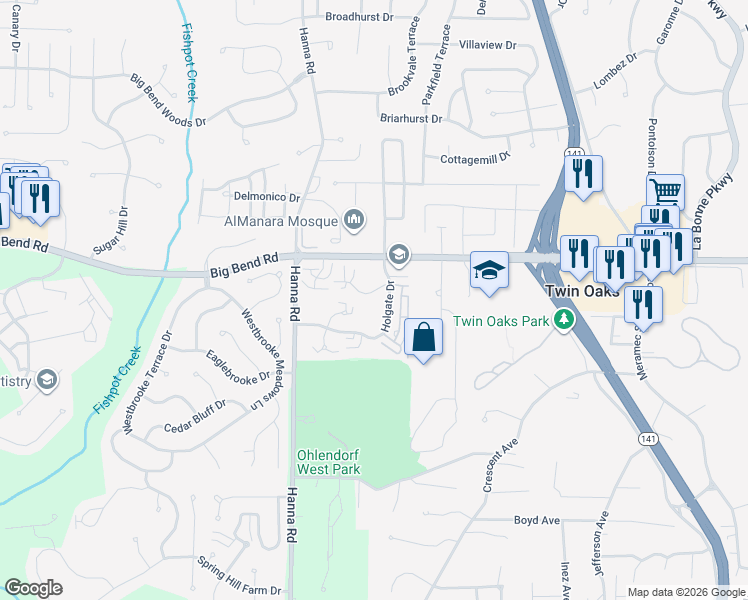 map of restaurants, bars, coffee shops, grocery stores, and more near 1324 Holgate Drive in Ballwin