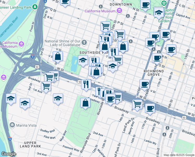 map of restaurants, bars, coffee shops, grocery stores, and more near 2220 10th Street in Sacramento