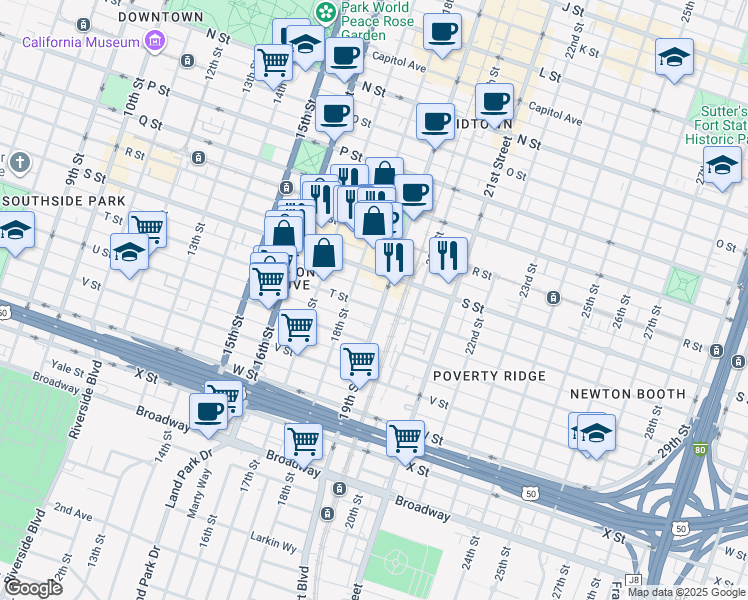 map of restaurants, bars, coffee shops, grocery stores, and more near 1817 T Street in Sacramento